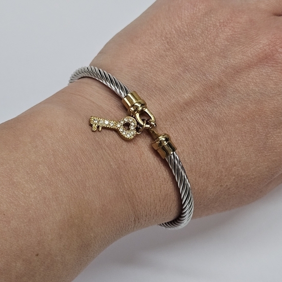 Emma Skye DSMK Stainless Steel Two-Tone Cable Bangle Bracelet Crystal Key Charm - Picture 5 of 7